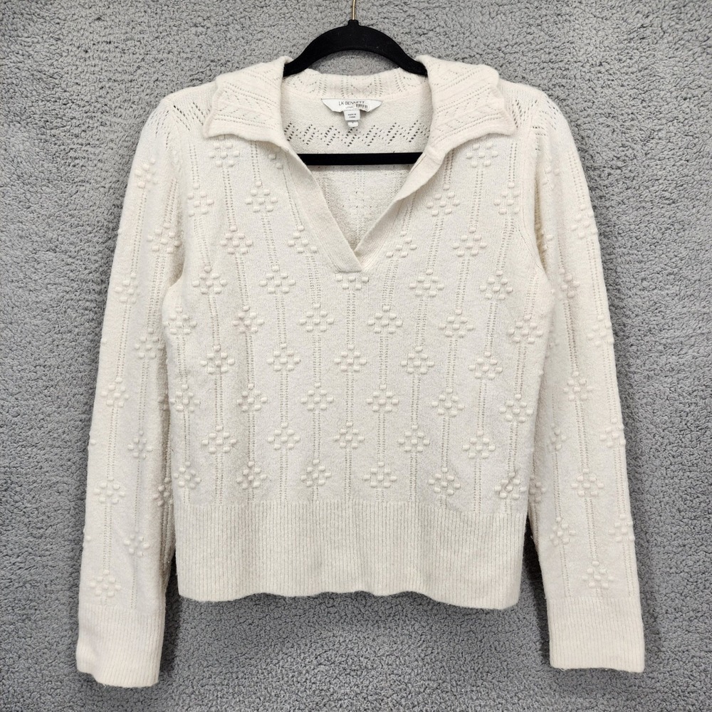 LK Bennett London TK Orla Cream Merino Cashmere Bobble Knit Polo Sweater Small